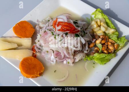 Plat de fruits de mer traditionnel de ceviche péruvienne à base de poisson frais cru saumue dans des jus d'agrumes frais et des oignons hachés Banque D'Images