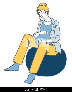 Femme enceinte assise sur un croquis de balle . Illustration vectorielle dessinée à la main Illustration de Vecteur