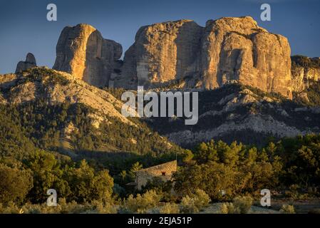 Rochers de Roques de Benet au coucher du soleil, Horta de Sant Joan (Catalogne, Espagne) ESP: Rocas de Benet al atardecer (Horta de Sant Joan, Cataluña, España) Banque D'Images