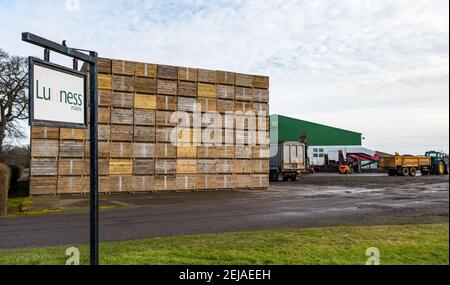 East Lothian, Écosse, Royaume-Uni, 22 février 2021. Récolte de carottes: Luffness Grand panneau d'entrée de la ferme avec des machines agricoles de récolte de carottes dans la cour de ferme ainsi qu'une grande pile de caisses de légumes Banque D'Images