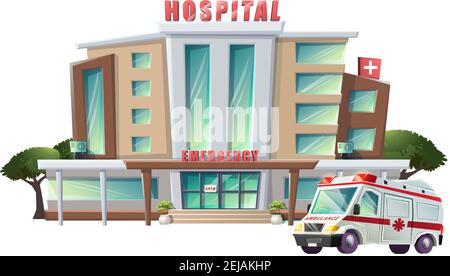 Illustration plate de style caricature vectorielle du bâtiment de l'hôpital et de l'ambulance d'urgence. Isolé sur fond blanc. Illustration de Vecteur