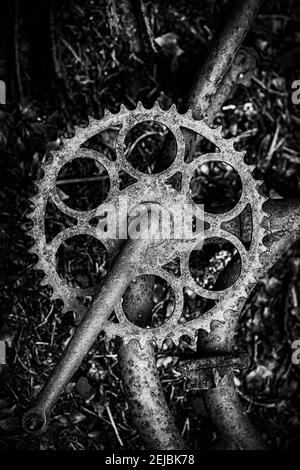 Un gros plan d'un vélo abandonné au cimetière de voitures situé dans une forêt à Kirkoe Mosse, Suède. Banque D'Images