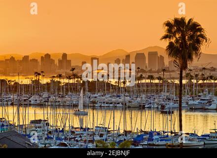 Centre-ville de San Diego, yachts vus à travers la baie de San Diego au lever du soleil, Californie, États-Unis Banque D'Images