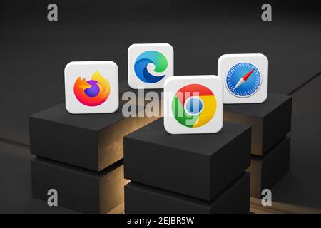 Bataille du concept de navigateurs: Logos des principales apps de navigateur Mozilla Firefox, Microsoft Edge, Google Chrome et Apple Safari (l.t.r.) Banque D'Images