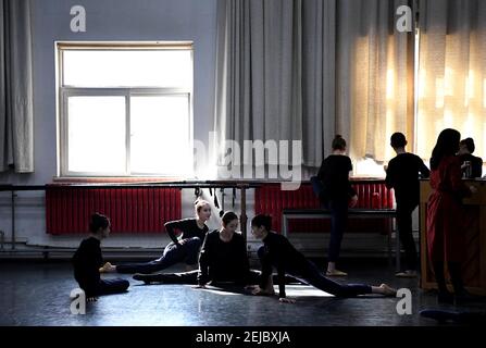 (210222) -- ZHENGZHOU, 22 février 2021 (Xinhua) -- les danseurs pratiquent au théâtre de chant et de danse de Zhengzhou, dans la province du Henan, au centre de la Chine, 20 février 2021. Quatorze danseurs de Zhengzhou Song and Dance Theatre ont été très occupés depuis que la danse qu'ils ont exécutée est devenue virale en ligne. La représentation, nommée banquet du palais de Tang, a été organisée au gala du Festival de printemps de la province de Henan. Brillamment chorégraphié et joué, la danse a presque rendu vivantes les anciennes figurines dansantes de la dynastie Tang (618-907). Le banquet de représentation du Tang Palace, inspiré par les figurines dansantes Banque D'Images