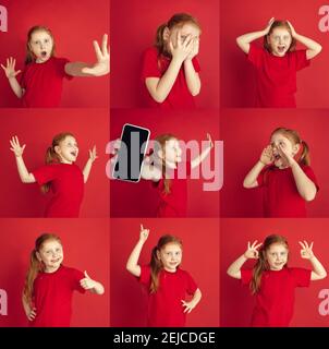 Collage de photos de magnifiques portraits de femmes de demi-longueur isolés sur fond rouge de studio. Jeune fille émotive. Expression faciale, émotions humaines. Souriant, effrayé, criant Banque D'Images