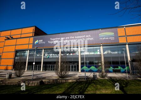 SSE Arena Belfast, qui sera utilisé comme centre de vaccination de la population adulte d'Irlande du Nord pendant son confinement national pour freiner la propagation du coronavirus qui a été prolongé jusqu'au 1er avril. Date de la photo: Lundi 22 février 2021. Banque D'Images