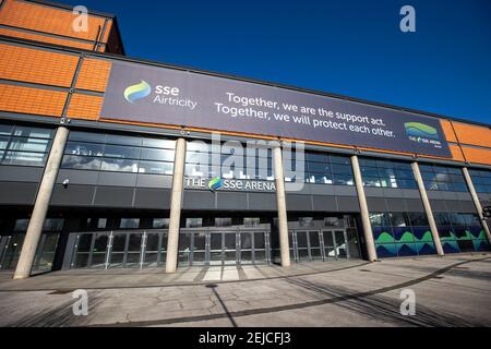 SSE Arena Belfast, qui sera utilisé comme centre de vaccination de la population adulte d'Irlande du Nord pendant son confinement national pour freiner la propagation du coronavirus qui a été prolongé jusqu'au 1er avril. Date de la photo: Lundi 22 février 2021. Banque D'Images