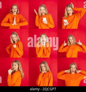 Collage de photos de magnifiques portraits de femmes de demi-longueur isolés sur fond rouge de studio. Jeune fille émotive. Expression faciale, émotions humaines. Souriant, pouces vers le haut, s'est demandé. Banque D'Images