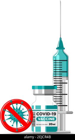 Concept de vaccination contre le coronavirus Covid-19. Flacon de vaccin et seringue et signe d'arrêt du virus. Cadre pour la saisie de texte, élément de conception de coin. Vecteur sur transpa Illustration de Vecteur