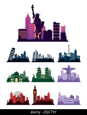 ensemble de dix villes skylines silhouettes scènes vector illustration design Illustration de Vecteur