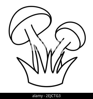 Deux champignons dans un bouquet d'herbe, noir et blanc dessinés à la main Doodle vector illustration Illustration de Vecteur