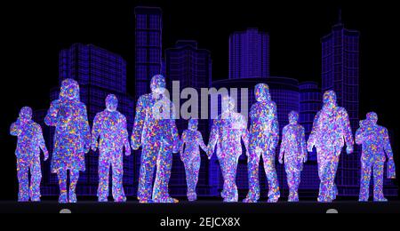 Personnages composés de pixels lumineux devant les bâtiments. Illustration 3D Banque D'Images
