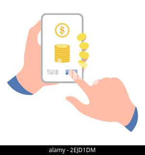 Illustration vectorielle mains tenir téléphone portable transfert d'argent Mobile financier Opérations bancaires en ligne personnes dépôt économiser de l'argent concept Finance ECO Illustration de Vecteur