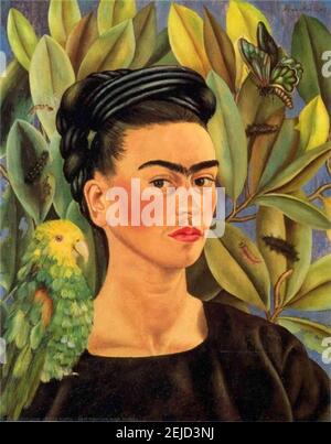 Autoportrait avec Bonito. Musée : COLLECTION PRIVÉE. Auteur: FRIDA KAHLO. Banque D'Images