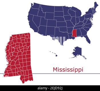 Carte vectorielle des comtés du Mississippi avec USA map Colors national drapeau Illustration de Vecteur