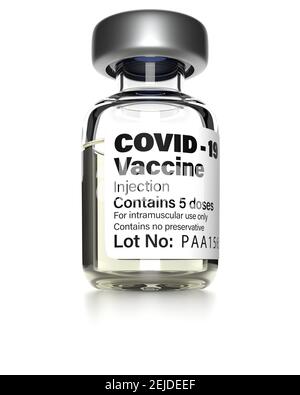 Flacon de vaccin coronavirus COVID-19, flacon sur fond blanc, découpé. Étiquette générique. Banque D'Images