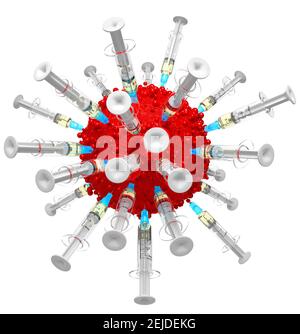 Vaccin contre le coronavirus. Un virus est attaqué par des seringues contenant les vaccins COVID-19. Fond blanc, découpé. Combattre le virus. Banque D'Images