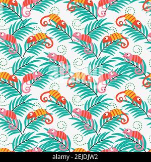 Motif caméléon coloré sans coutures. Personnages drôles de style caricatural. Motif de feuilles tropicales de caméléons. Illustration de Vecteur