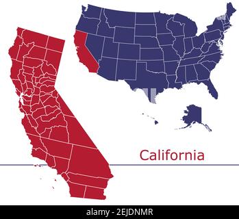 Carte vectorielle des comtés de Californie avec USA map Colors national drapeau Illustration de Vecteur
