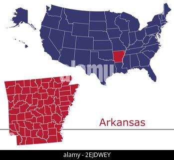 Cartes vectorielles des comtés de l'Arkansas avec USA carte couleurs national drapeau Illustration de Vecteur