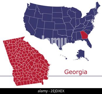 Carte vectorielle des comtés de Géorgie avec USA map Colors national drapeau Illustration de Vecteur