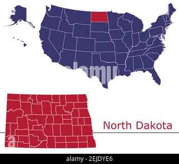 Carte vectorielle des comtés du Dakota du Nord avec couleurs de carte des États-Unis drapeau national Illustration de Vecteur