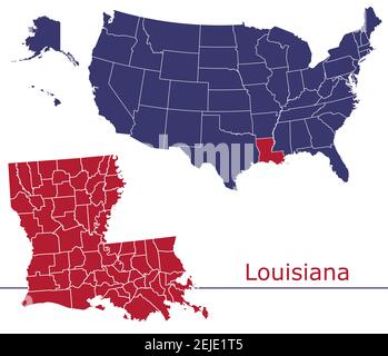 Carte vectorielle des comtés de Louisiane avec USA map Colors national drapeau Illustration de Vecteur