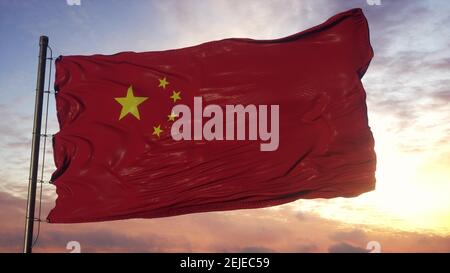 Drapeau de la Chine qui agite dans le vent contre un ciel profond et magnifique. illustration 3d Banque D'Images