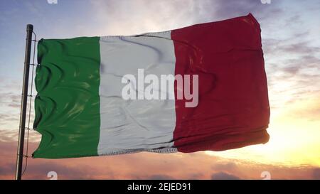 Drapeau de l'Italie qui agite dans le vent contre un ciel profond et magnifique. illustration 3d Banque D'Images