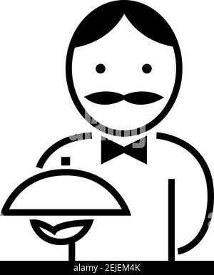 Icône avec un serveur mâle. Préparer un plat à la main. Style rétro avec une moustache sur le visage. Illustration linéaire noire et blanche vectorielle Illustration de Vecteur