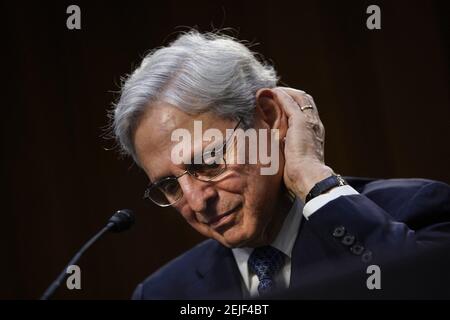 Washington, DC, États-Unis - 22 février 2021 : la nomination du procureur général Merrick Garland témoigne lors de son audition de confirmation devant la Commission judiciaire du Sénat dans l'édifice Hart Senate Office le 22 février 2021 à Washington, DC. M. Garland a auparavant siégé au juge en chef de la Cour d'appel des États-Unis pour le circuit du district de Columbia. Photo de Drew Angerer/Pool/ABACAPRESS.COM Banque D'Images