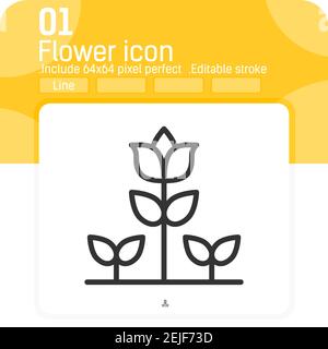 Vecteur d'icône de fleur et d'herbe avec style de contour isolé sur fond blanc. Illustration vectorielle symbole de symbole de fleur concept d'icône pour la conception Web, interface utilisateur Illustration de Vecteur