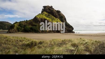 Lion Rock sur la plage de Piha, parc régional des Waitakere Ranges, région d'Auckland, Île du Nord, Nouvelle-Zélande Banque D'Images