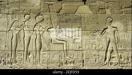 Hiéroglyphes égyptiens sur le mur, temples de Karnak, Louxor, Égypte Banque D'Images