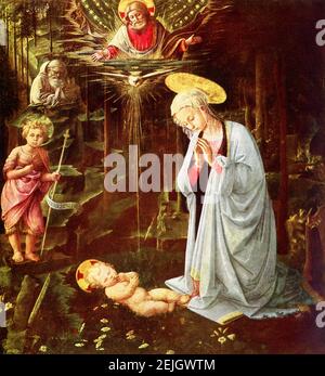 La peinture ici est la Madonna in the Forest de Filippo Lippi, logée dans le Kaiser Friedrich Museum de Berlin. Cette peinture, qui date d'environ 1460, a été faite pour la chapelle des Médicis (plus tard Médicis-Riccardi) qui a été décorée par Benazzo Gozzoli. Elle ne décrit pas seulement l'adoration de l'enfant, elle montre également la Sainte Trinité. Dieu le Père, le Saint-Esprit et le Christ sont unis sur la peinture et représentent la conception de la Sainte Trinité tenue par l'Église occidentale: Le Saint-Esprit émane du Père et du fils. FRA’ Filippo Lippi (c. 1406 – 1469), également connu sous le nom de Lippo Lippi Banque D'Images