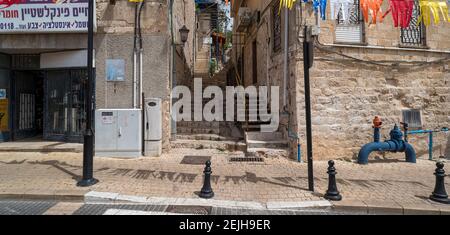 Bollard sur le sentier de la rue Jerusalem, Safed (Zfat), Galilée, Israël Banque D'Images