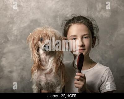 Adorable jeune fille caise souriante avec son petit chien sur fond gris. Portrait avec votre animal de compagnie préféré. Toilettage et prise en charge de votre ventre Banque D'Images