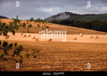 Paysage avec des balles de paille circulaires et des éoliennes dans un ciel nuageux en Rhénanie-Palatinat (Rhénanie-Palatinat) près de Koblenz, Allemagne Banque D'Images