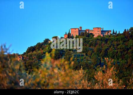 Vieille ville italienne Montalcino illuminée par le soleil du matin, panorama, vue sur les vignobles et les oliviers. Toscane, Italie. Banque D'Images