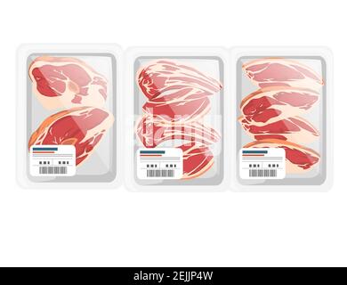 Steak de viande tranché dans un emballage en plastique pour le vecteur du marché de l'épicerie illustration sur fond blanc Illustration de Vecteur