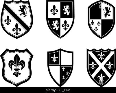 Knight Shield est installé en noir et blanc sur fond blanc isolé. Illustration vectorielle noir et blanc de blindages Wappon simples. Illustration de Vecteur