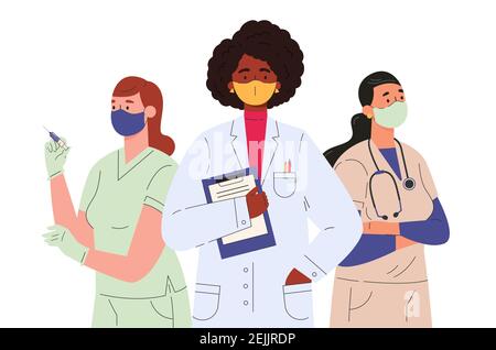 Médecins et infirmières personnages dans le masque facial. Illustration de Vecteur