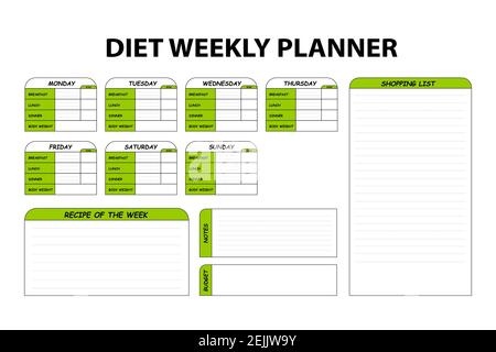 Agenda hebdomadaire coloré mignon Diet isolé sur fond blanc. Plan de menu alimentaire pour l'alimentation. Modèle d'horaire quotidien pour la cuisson des repas. Plan de semaine bas carb Illustration de Vecteur