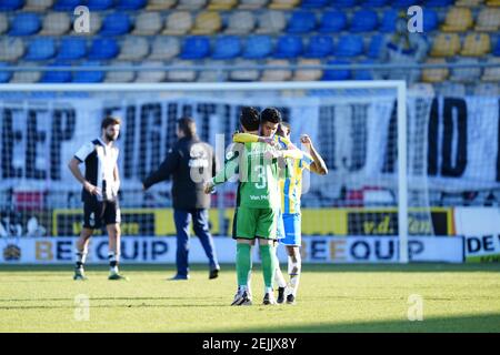 WAALWIJK, PAYS-BAS - FÉVRIER 21 : Vurnon Anita de RKC Waalwijk, gardien de but Kostas Lamprou de RKC Waalwijk, Anas Tahiri de RKC Waalwijk pendant la E Banque D'Images
