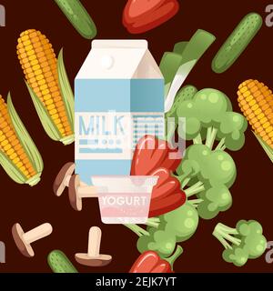 Modèle sans couture de légumes et produits laitiers sains biologiques illustration du vecteur alimentaire vegan sur fond marron Illustration de Vecteur