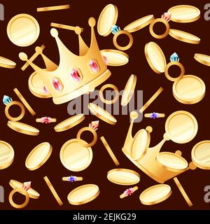 Motif sans couture de la variété trésors dorés couronne pierres gemmes vecteur de pièces illustration sur fond marron Illustration de Vecteur