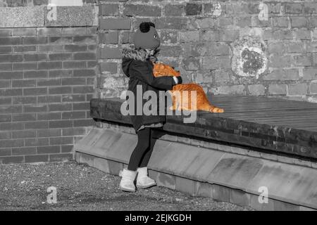 Petite fille qui embrasse un chat de couleur gingembre avec mur de briques dans la photo bw d'arrière-plan Banque D'Images