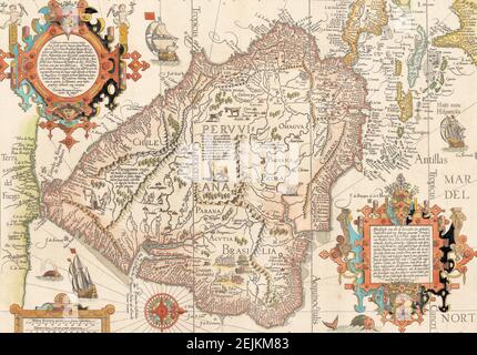 Delineatio Omnium Orarum Totius Australis Partis Americae, Dictae Peruvianae, R. de la Plata, Brasiliam, Pariam et Castellam. La carte a été publiée par Arnold Florent van Langren (1580-1644) en 1596. La carte spectaculaire de l'Amérique du Sud, des Caraïbes, de la Floride et de la côte du golfe de Linschoten, ainsi qu'un merveilleux traitement du continent sud inconnu, gravé par Arnold van Langren pour l'Itinerario de Linschoten. Banque D'Images