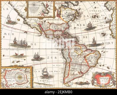 Carte de l'Amérique (1640) par Petrus Bertius (1565-1629). Petrus Bertius (1565 – 1629) est un théologien, historien, géographe et cartographe flamand né à Beveren, Flandre, en novembre 1565. Réfugié religieux, Bertius s’est finalement installé à Amsterdam en raison de la politique religieuse libérale de la ville. Après avoir terminé ses études, il est nommé professeur de mathématiques et bibliothécaire à l'Université de Leiden. Banque D'Images